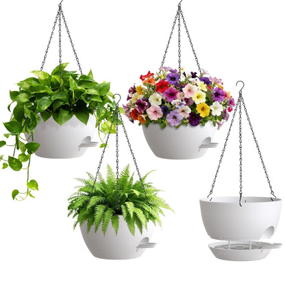 UOUZ Set of 3-10 Inch Self Watering Hanging Planters for Indoor Outdoor，Hanging Plant Pots with Drainage & Removable Tray, Hanging Pots Holder for Ivy, Pothos, Ferns, Balcony & Patio, Black with Brown