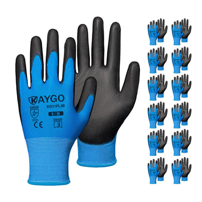 KAYGO Safety Work Gloves for Men Women, PU Coated Palm & Fingers, KG11P