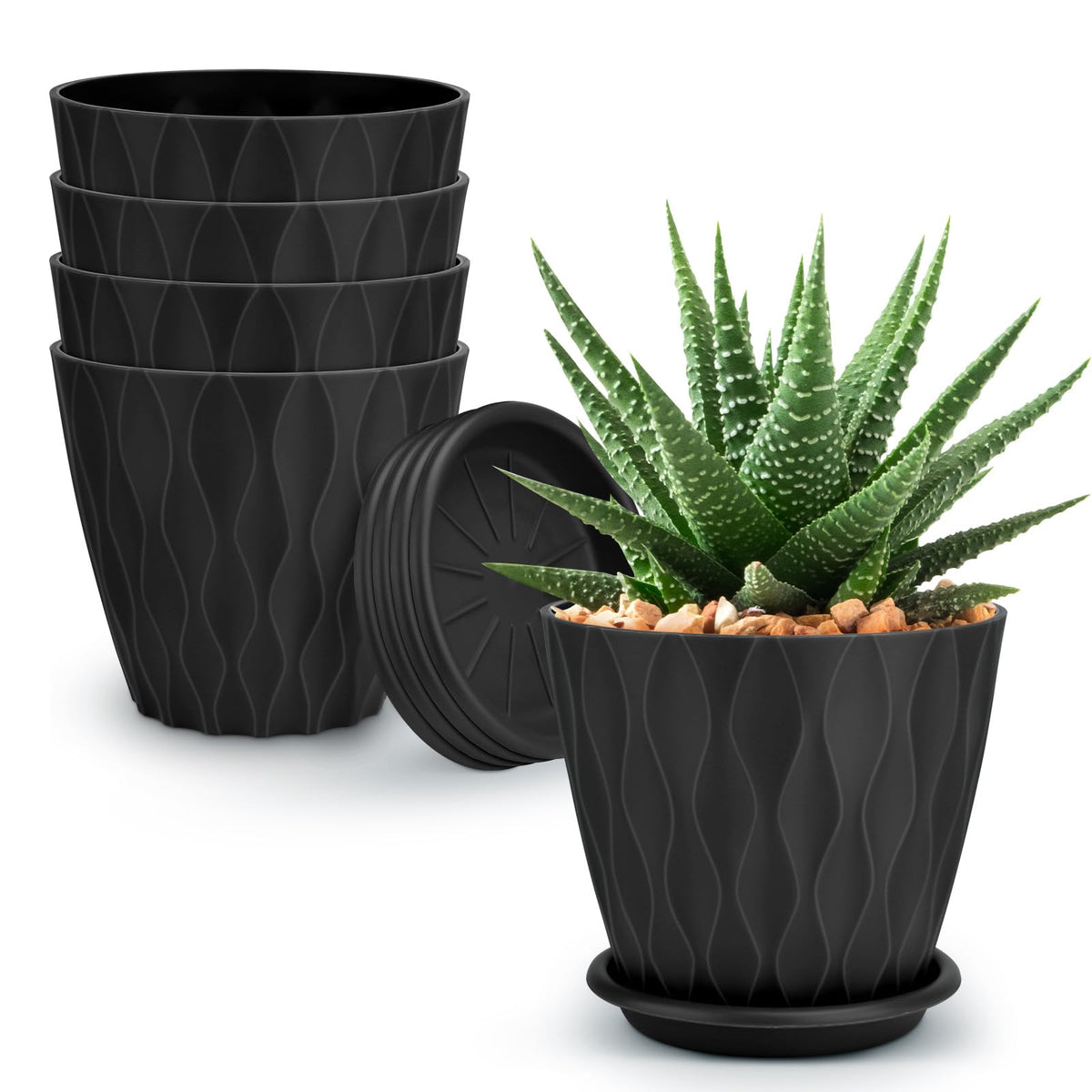 YNNICO 6 inch Plant Pots 5 Pack Plastic Planters with Drainage & Saucers