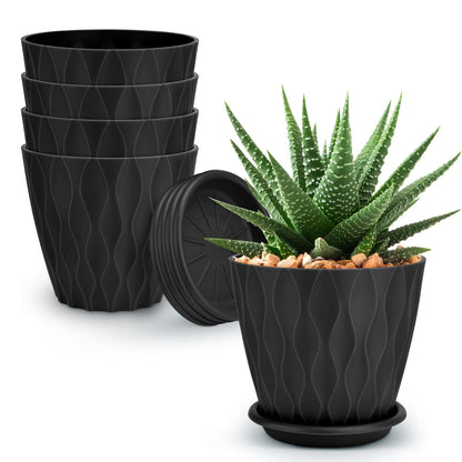 YNNICO 6 inch Plant Pots 5 Pack Plastic Planters with Drainage & Saucers