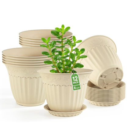 ZMTECH 6 Pack 8 Inch Plant Pots with Saucers, Ivory Cream Planters