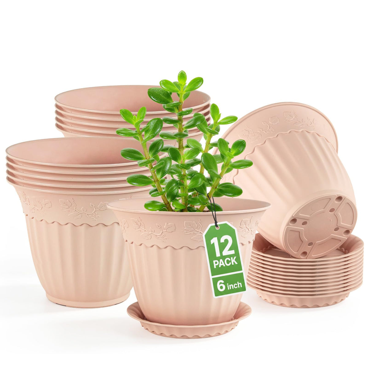 ZMTECH 6 Pack 10 Inch Plant Pots with Saucers, Blush Pink Planters