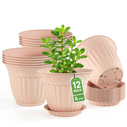 ZMTECH 6 Pack 10 Inch Plant Pots with Saucers, Blush Pink Planters