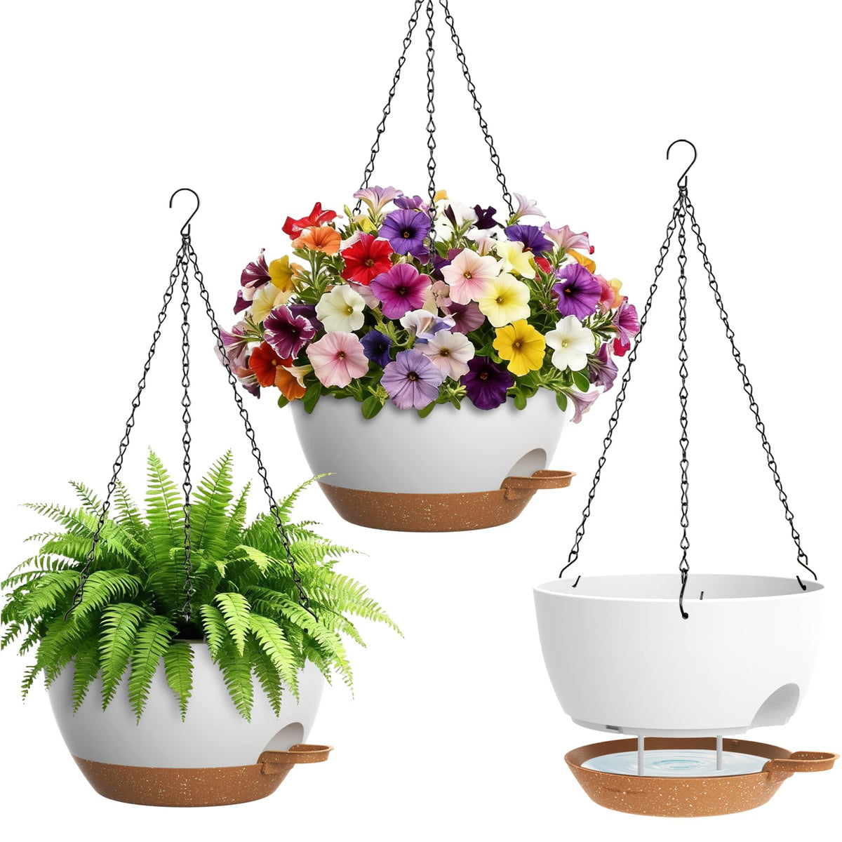 UOUZ Set of 3-10 Inch Self Watering Hanging Planters for Indoor Outdoor，Hanging Plant Pots with Drainage & Removable Tray, Hanging Pots Holder for Ivy, Pothos, Ferns, Balcony & Patio, Black with Brown