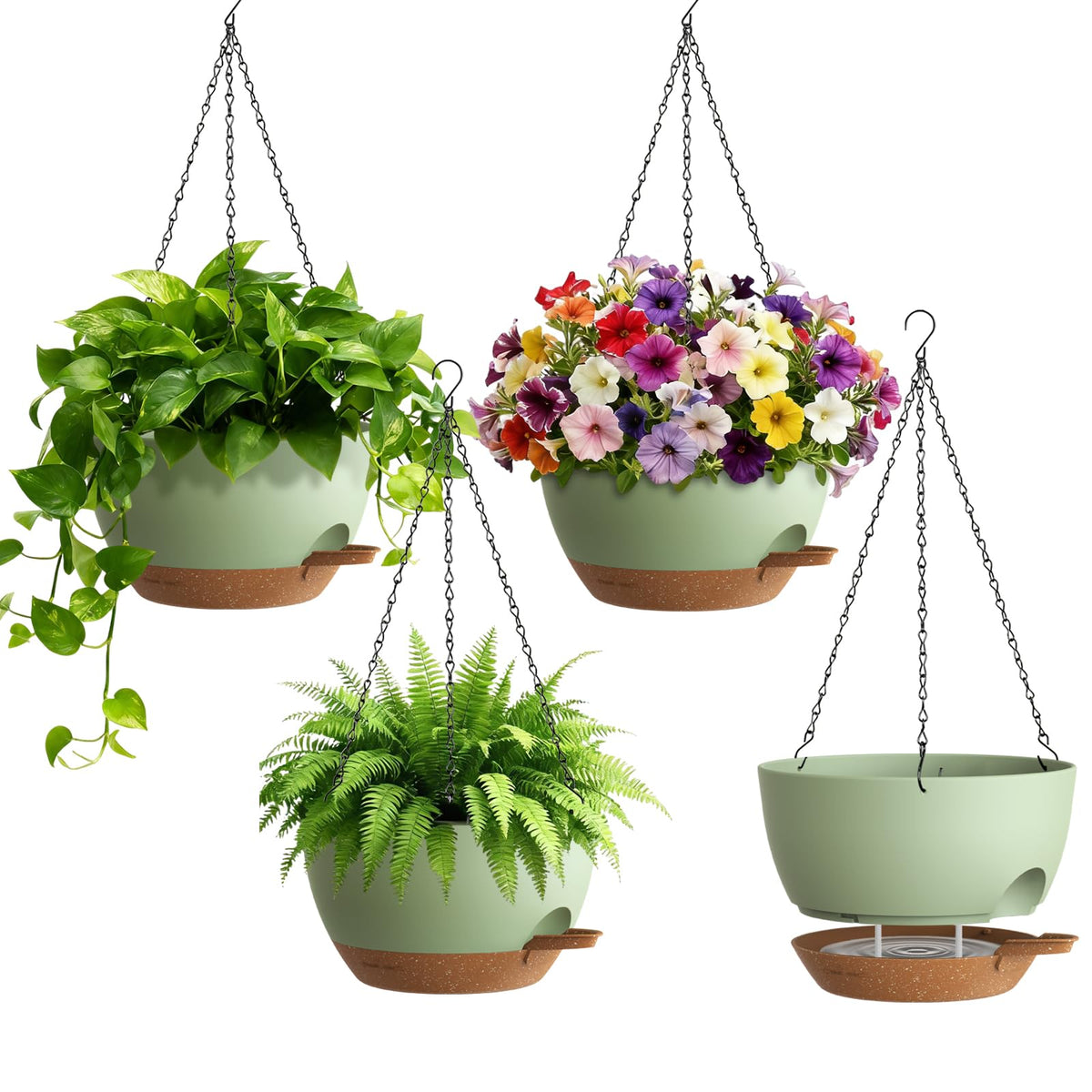 UOUZ Set of 3-10 Inch Self Watering Hanging Planters for Indoor Outdoor，Hanging Plant Pots with Drainage & Removable Tray, Hanging Pots Holder for Ivy, Pothos, Ferns, Balcony & Patio, Black with Brown