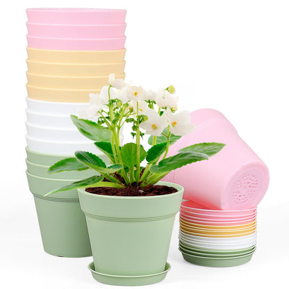 Meowell 4 inch Small Plastic Nursery Pots, 16 Pack Plant Pots for Indoor Outdoor Plants, Flower Pots with Drainage Holes and Saucers, Decorative Seedling Starter Planters for House Plants, Terracotta
