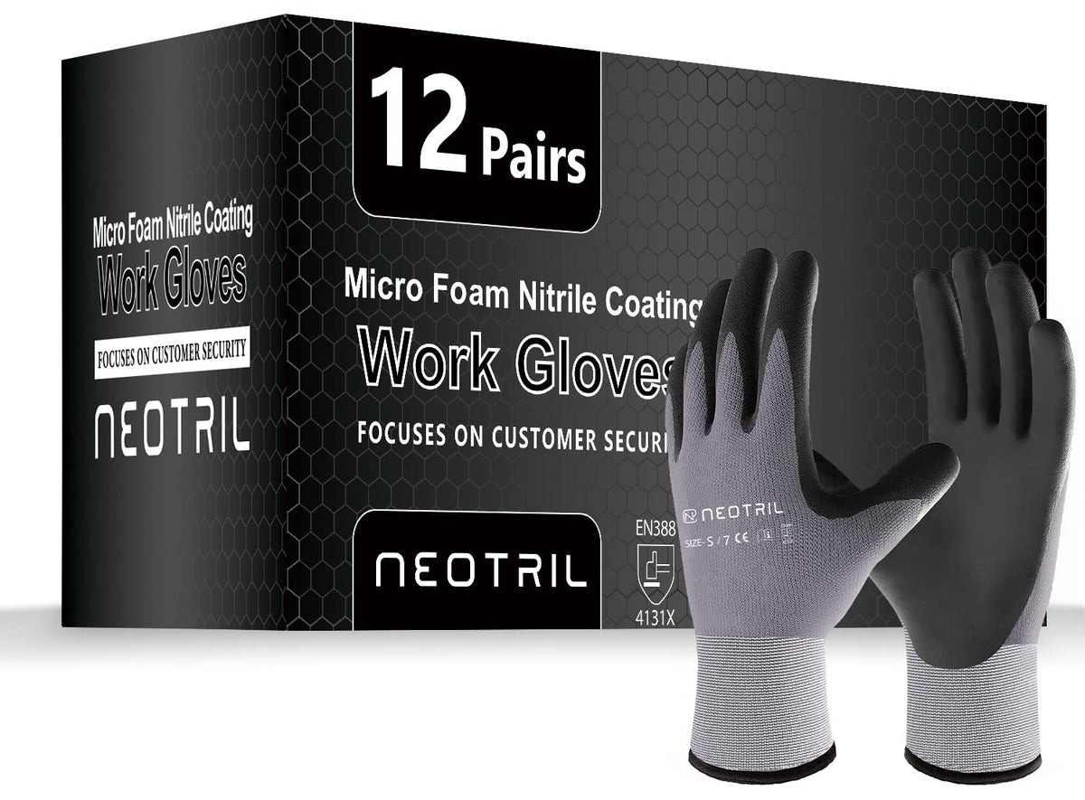 NEOTRIL Safety Work Gloves MicroFoam Nitrile Coated-3/6/12/36 Pairs,Breathable Nylon Working Gloves for Men Women