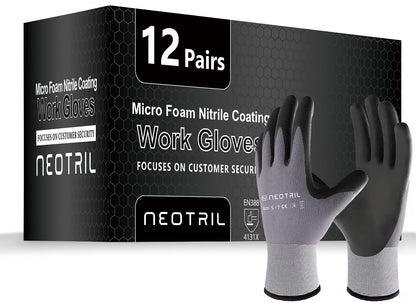 NEOTRIL Safety Work Gloves MicroFoam Nitrile Coated-3/6/12/36 Pairs,Breathable Nylon Working Gloves for Men Women