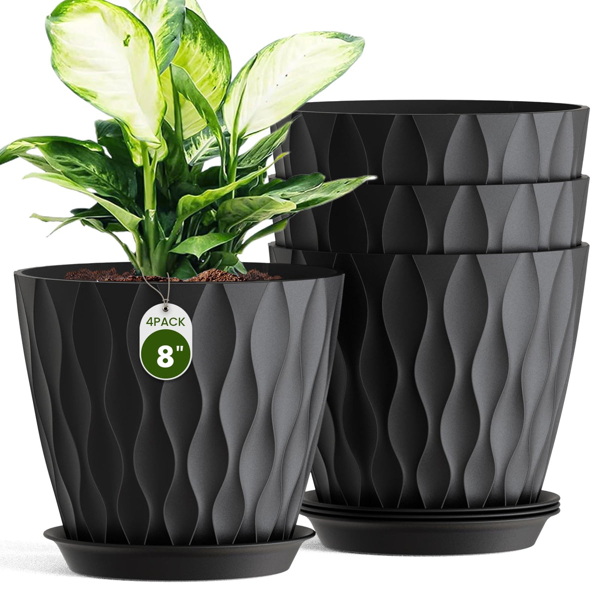 8 Inch Plant Pots 4 Pack Plastic Planters with Drainage & Saucers