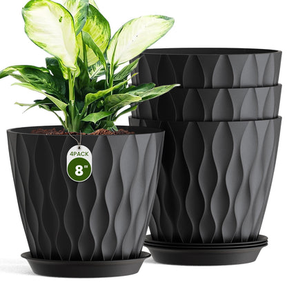 8 Inch Plant Pots 4 Pack Plastic Planters with Drainage & Saucers