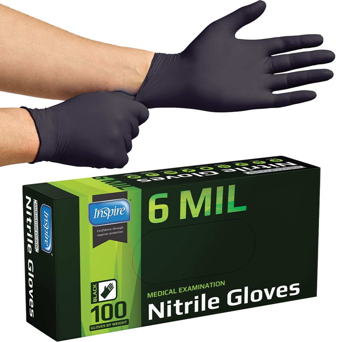 Inspire Black Nitrile Gloves HEAVY DUTY 6 Mil Nitrile Chemical Resistant Medical Cooking Cleaning Disposable Black Gloves