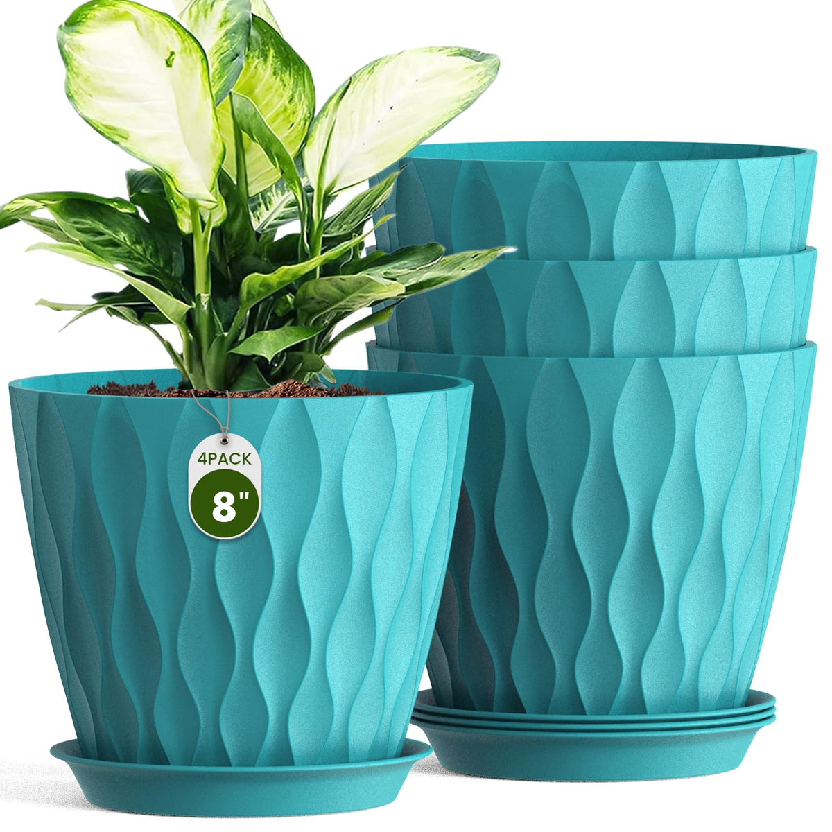 8 Inch Plant Pots 4 Pack Plastic Planters with Drainage & Saucers