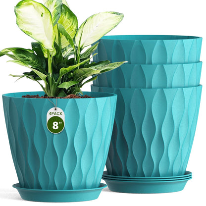 8 Inch Plant Pots 4 Pack Plastic Planters with Drainage & Saucers