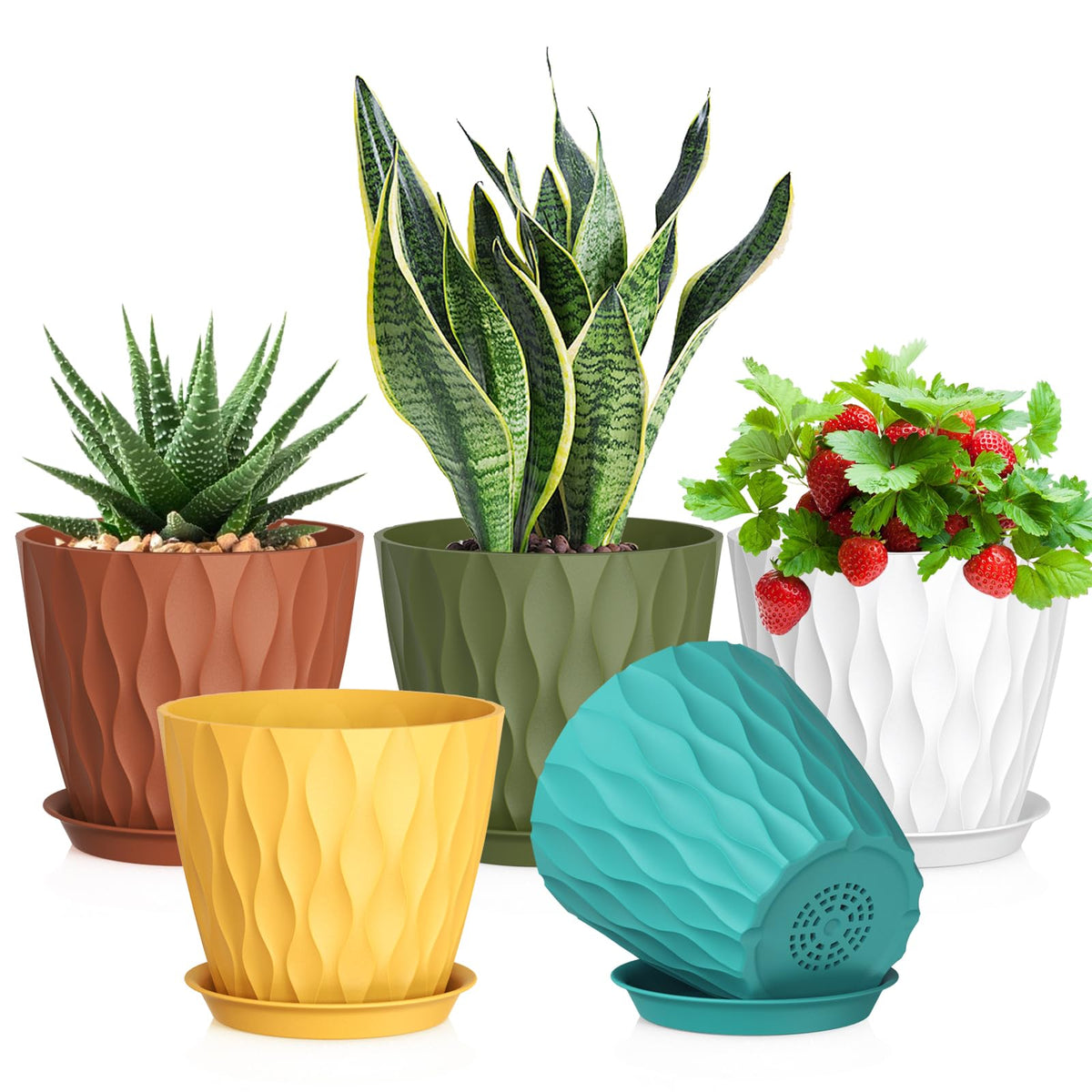 Meowell 7/6.5/6/5.5/5/4.5/4 inch Plant Pots for Indoor Outdoor Plants, 7 Pack Thick Flower Pots with Drainage Holes and Saucers, Modern Wave Texture Small Plastic Planters Nursery Pots, Multicolor