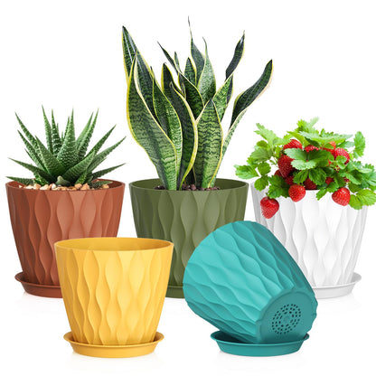 Meowell 7/6.5/6/5.5/5/4.5/4 inch Plant Pots for Indoor Outdoor Plants, 7 Pack Thick Flower Pots with Drainage Holes and Saucers, Modern Wave Texture Small Plastic Planters Nursery Pots, Multicolor