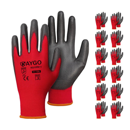 KAYGO Safety Work Gloves for Men Women, PU Coated Palm & Fingers, KG11P