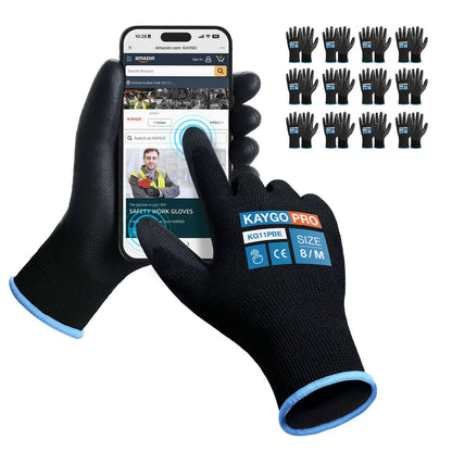 KAYGO Safety Work Gloves for Men Women, PU Coated Palm & Fingers, KG11P