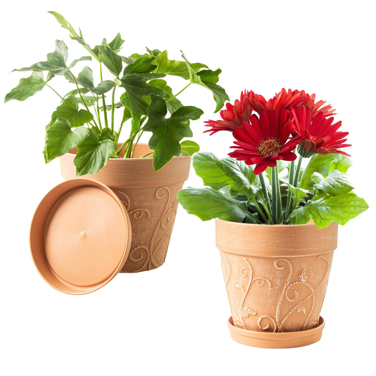 Melphoe Plant Pots Indoor with Drainage & Saucer, 2Pack 7 inch Flower Pots Outdoor Planters for Indoor Plants Garden Home Decor Cactus Succulent, Rigid Plastic (Imitation-Terracotta) Vine-Embossed