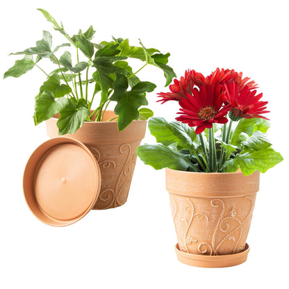 Melphoe Plant Pots Indoor with Drainage & Saucer, 2Pack 7 inch Flower Pots Outdoor Planters for Indoor Plants Garden Home Decor Cactus Succulent, Rigid Plastic (Imitation-Terracotta) Vine-Embossed