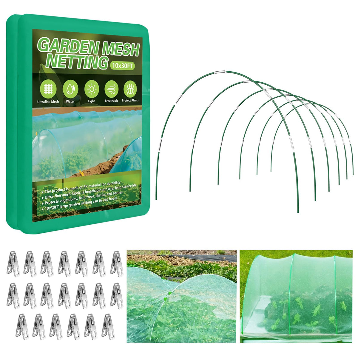 Garden Netting Kit for Raised Beds, 10x30FT Ultra Fine Mesh Netting＆ 6 Sets of 8FT Fiberglass Garden Hoops, Row Cover Insect Netting for Vegetable Plant Fruit Flowers Protection
