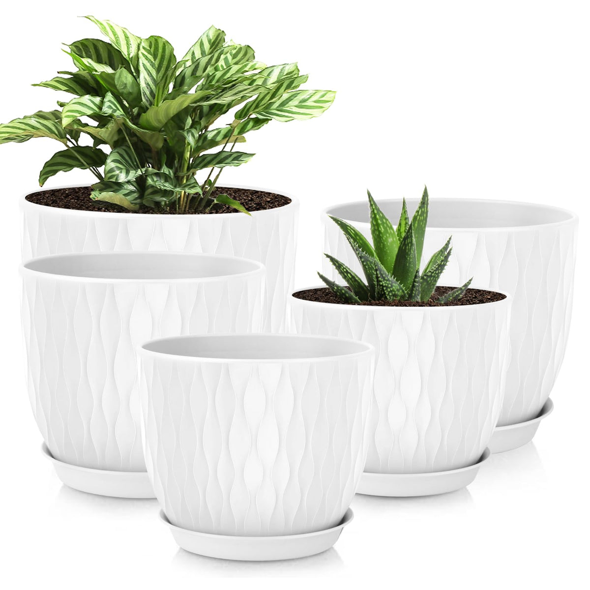 Plastic Plant Pots 10/9/8/7.5/7 inch Set of 5, Flower Planters with Drainage Holes and Saucers, Plastic Pots for Indoor Outdoor Plants, Livingroom Garden Decor (White)