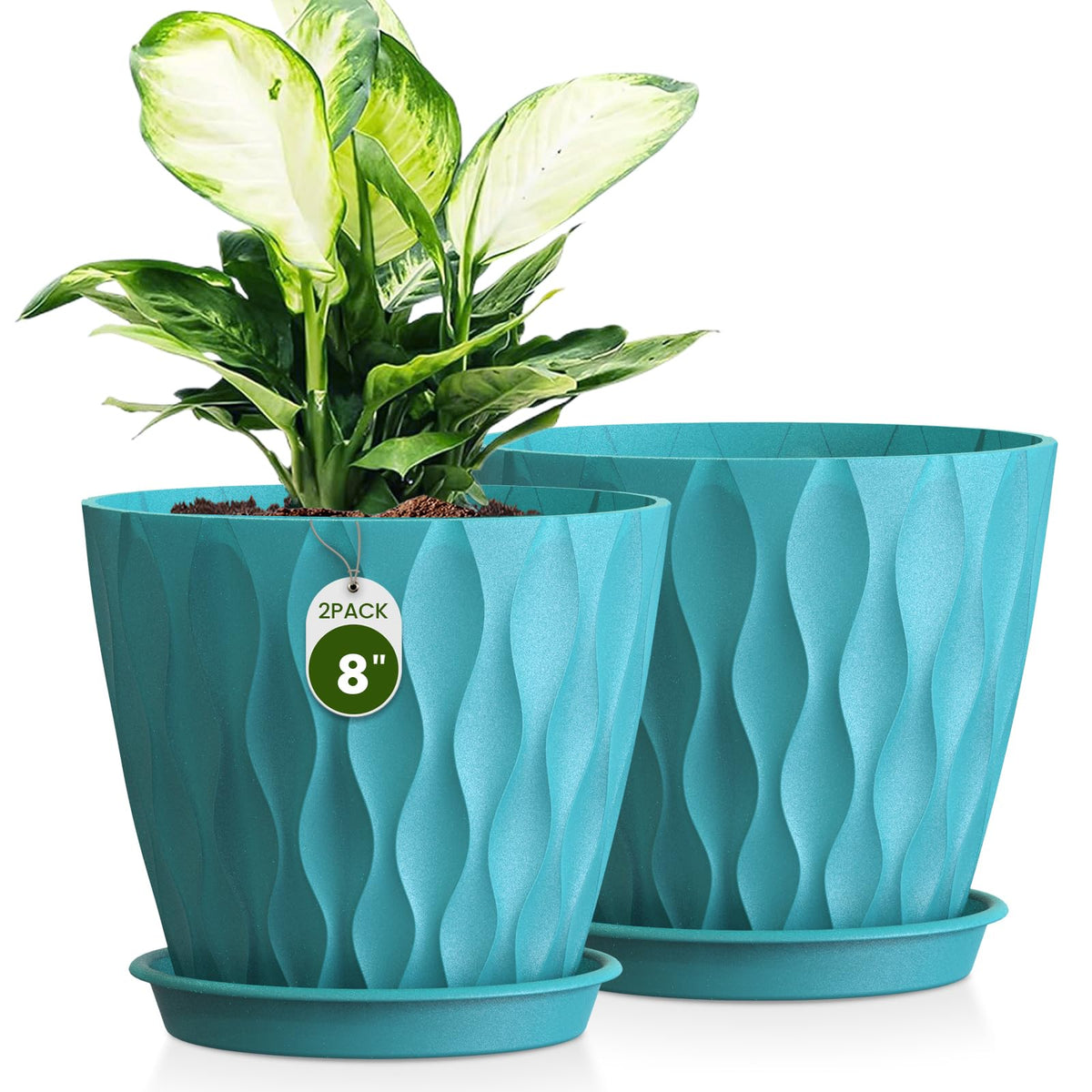 8 Inch Plant Pots 4 Pack Plastic Planters with Drainage & Saucers