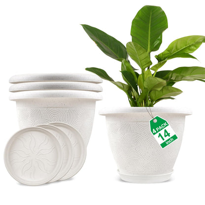 Fodetyff 8 Inch Flower Pots Planters for Indoor Outdoor Plants, 4 Pack Plastic Small Plant Pots with Drainage Hole & Tray, Modern Decorative Garden Pot with Saucer, Plant Container for House