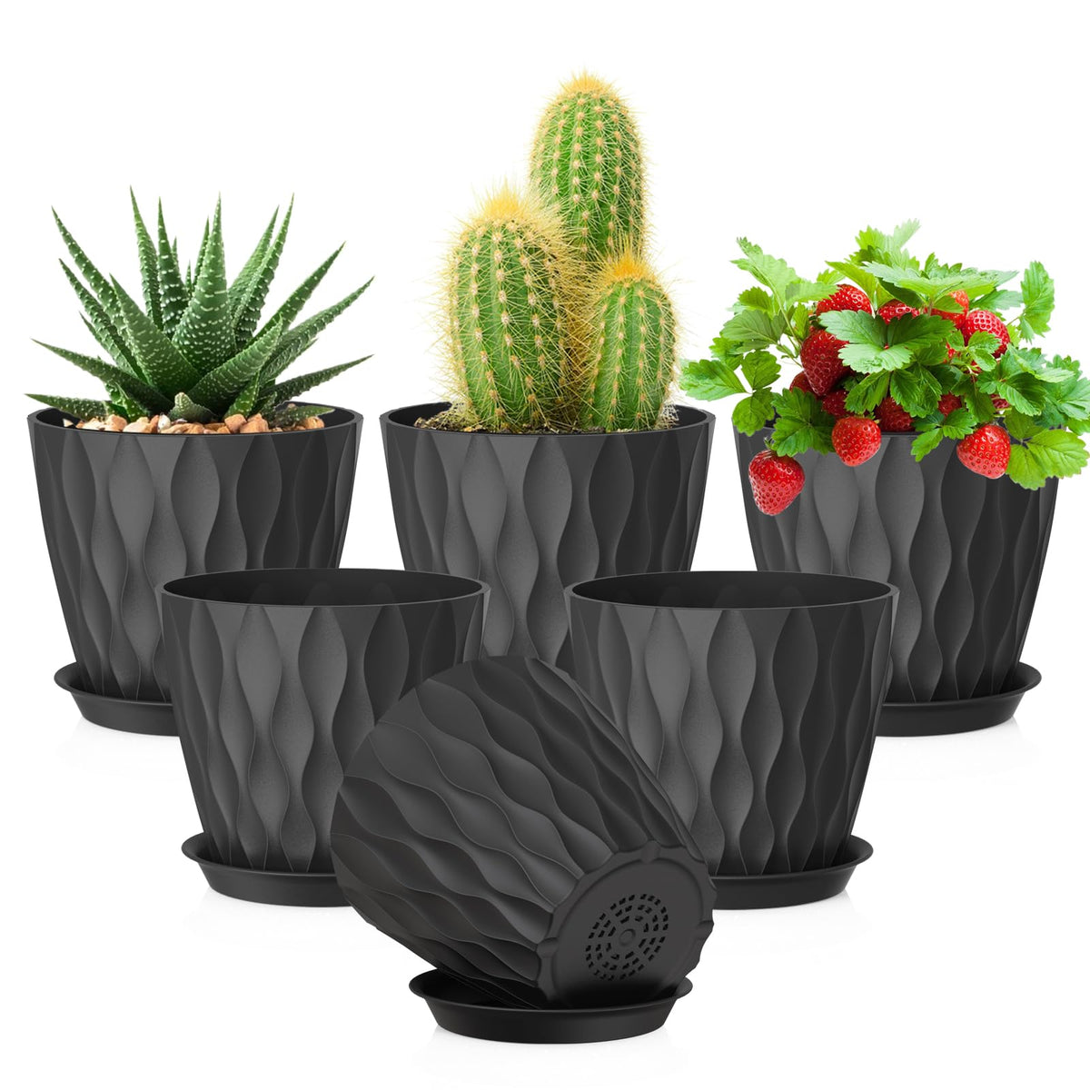 Meowell 7/6.5/6/5.5/5/4.5/4 inch Plant Pots for Indoor Outdoor Plants, 7 Pack Thick Flower Pots with Drainage Holes and Saucers, Modern Wave Texture Small Plastic Planters Nursery Pots, Multicolor
