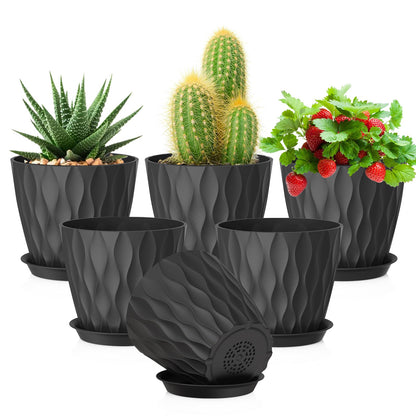 Meowell 7/6.5/6/5.5/5/4.5/4 inch Plant Pots for Indoor Outdoor Plants, 7 Pack Thick Flower Pots with Drainage Holes and Saucers, Modern Wave Texture Small Plastic Planters Nursery Pots, Multicolor