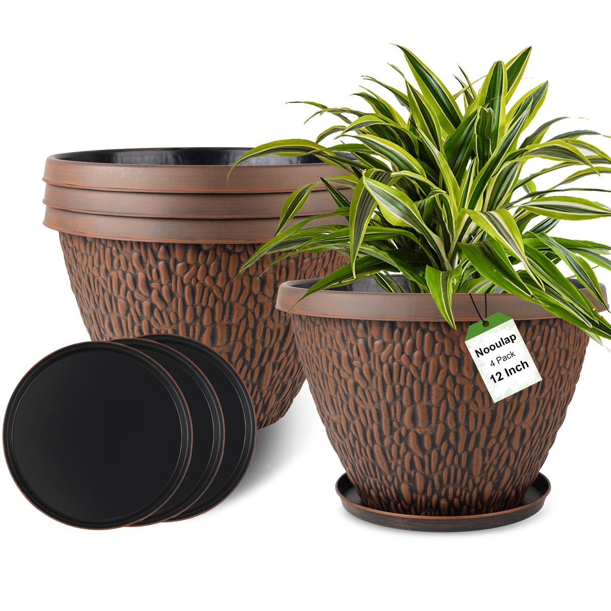 Nooulap 4 Pack 10 Inch Flower Pots, Plastic Outdoor Planters, Gray
