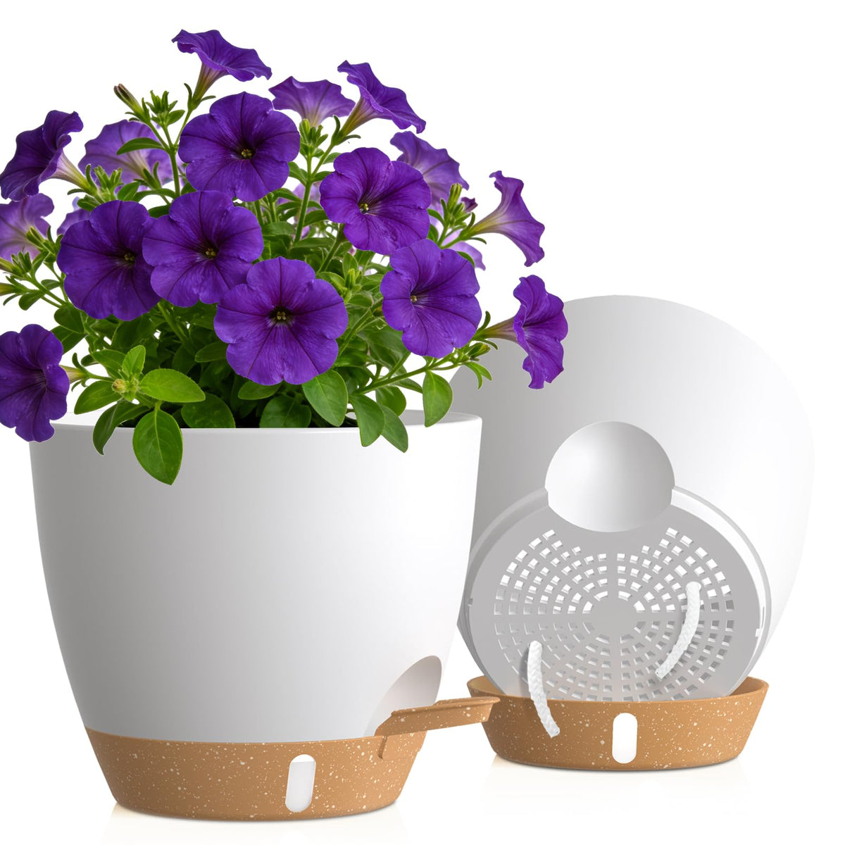 Self Watering Pots with Drainage Holes, 3 Pack 12/10/8 Inch Plant Pots with Water Level Indicator Deep Reservoir, Large Plastic Planter for Indoor Outdoor Plants - Black Brown