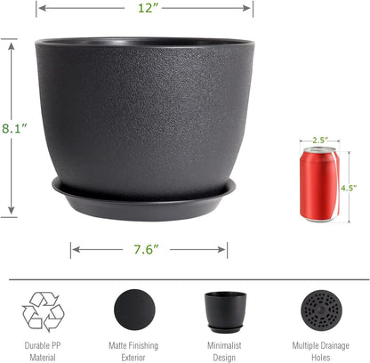 UOUZ 12inch Large Plant Pot, Modern Plastic Planter with High Driange Holes and Saucer for Indoor Outdoor Garden Plants and Flowers, Black