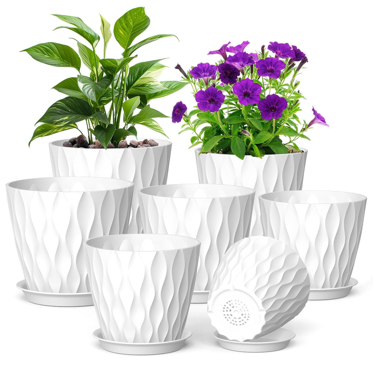 Meowell 7/6.5/6/5.5/5/4.5/4 inch Plant Pots for Indoor Outdoor Plants, 7 Pack Thick Flower Pots with Drainage Holes and Saucers, Modern Wave Texture Small Plastic Planters Nursery Pots, Multicolor