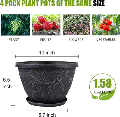 Nooulap 4 Pack 10 Inch Flower Pots, Plastic Outdoor Planters, Gray