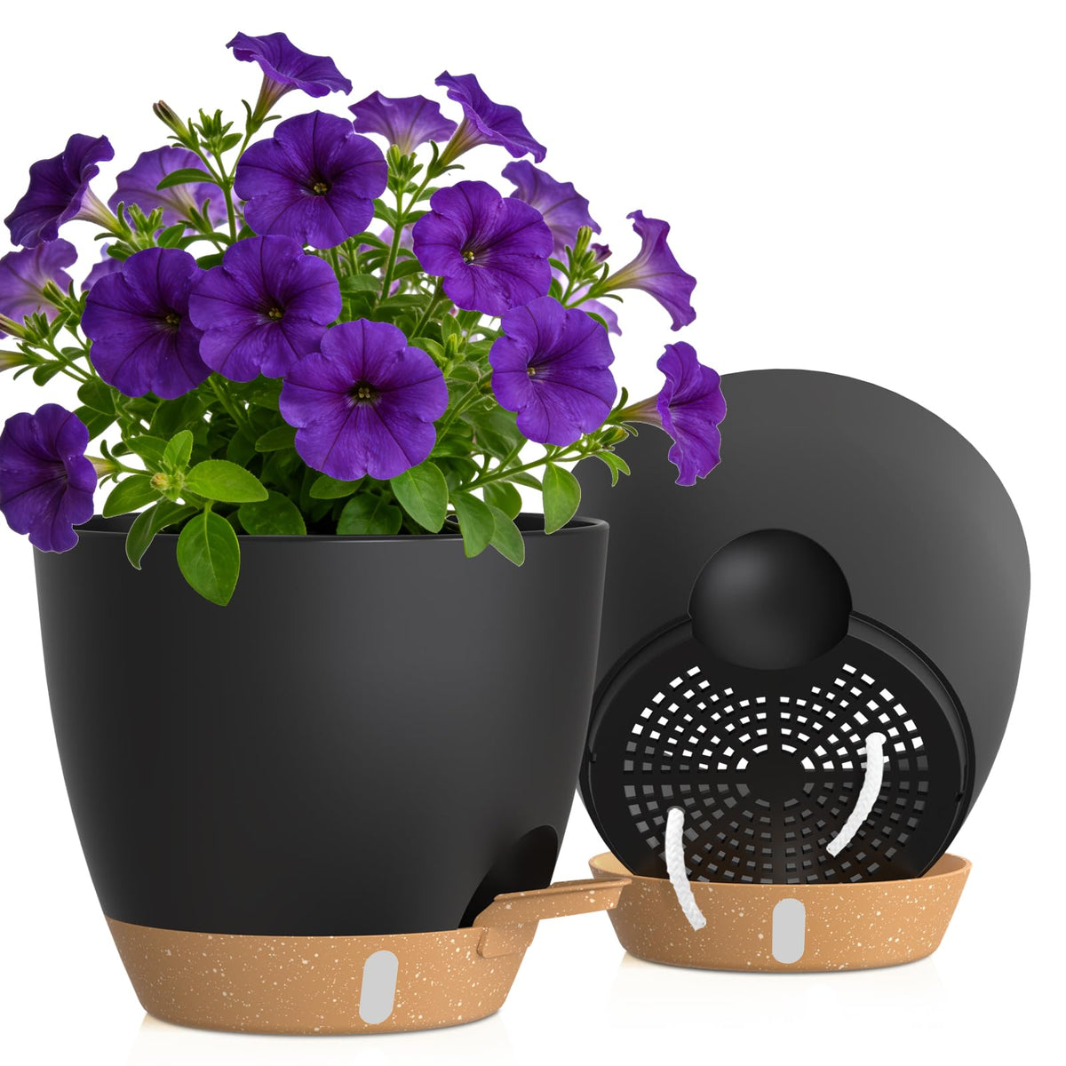 Self Watering Pots with Drainage Holes, 3 Pack 12/10/8 Inch Plant Pots with Water Level Indicator Deep Reservoir, Large Plastic Planter for Indoor Outdoor Plants - Black Brown