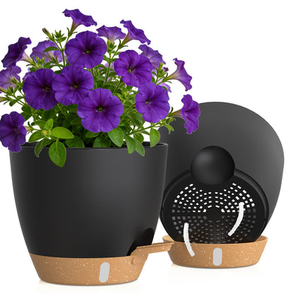 Self Watering Pots with Drainage Holes, 3 Pack 12/10/8 Inch Plant Pots with Water Level Indicator Deep Reservoir, Large Plastic Planter for Indoor Outdoor Plants - Black Brown