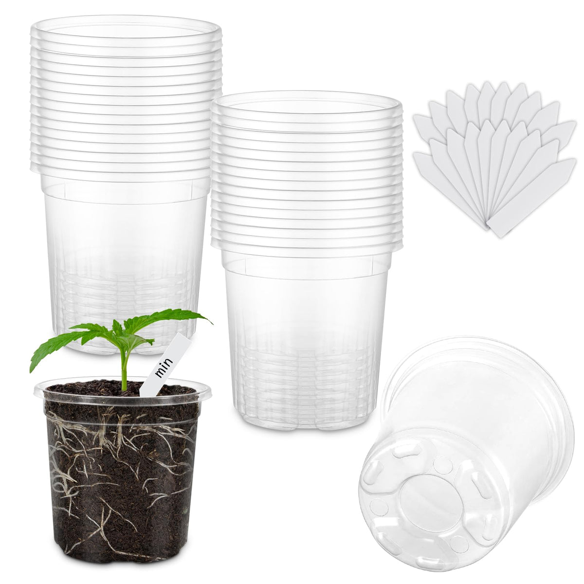 30 Pack Clear Nursery Plant Pots, 3.5/4/5 In with Drainage Holes, 20 Labels