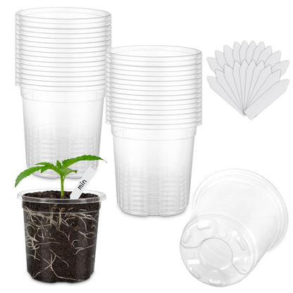 30 Pack Clear Nursery Plant Pots, 3.5/4/5 In with Drainage Holes, 20 Labels