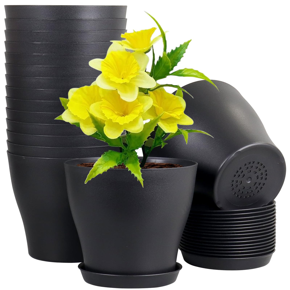 Meowell 4 inch Small Plastic Nursery Pots, 16 Pack Plant Pots for Indoor Outdoor Plants, Flower Pots with Drainage Holes and Saucers, Decorative Seedling Starter Planters for House Plants, Terracotta