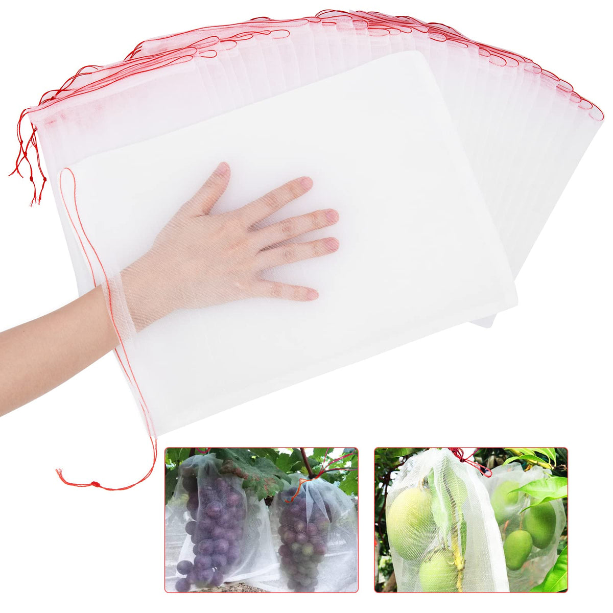Kikhope 10 Pcs Garden Mesh Netting - 29"x21" Insect Bird Netting Pest Barrier Bags with Drawstring -Plant Fruit Protection Bag for Fruit Trees & Tomato Plants, Blocks Birds, Squirrels & Insects