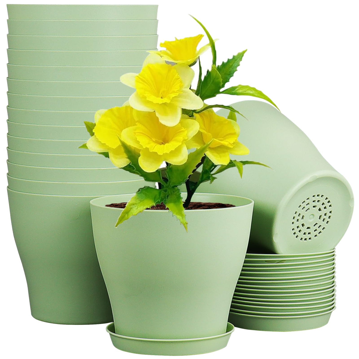 Meowell 4 inch Small Plastic Nursery Pots, 16 Pack Plant Pots for Indoor Outdoor Plants, Flower Pots with Drainage Holes and Saucers, Decorative Seedling Starter Planters for House Plants, Terracotta