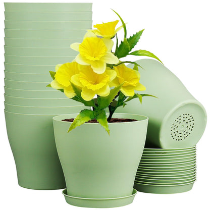 Meowell 4 inch Small Plastic Nursery Pots, 16 Pack Plant Pots for Indoor Outdoor Plants, Flower Pots with Drainage Holes and Saucers, Decorative Seedling Starter Planters for House Plants, Terracotta