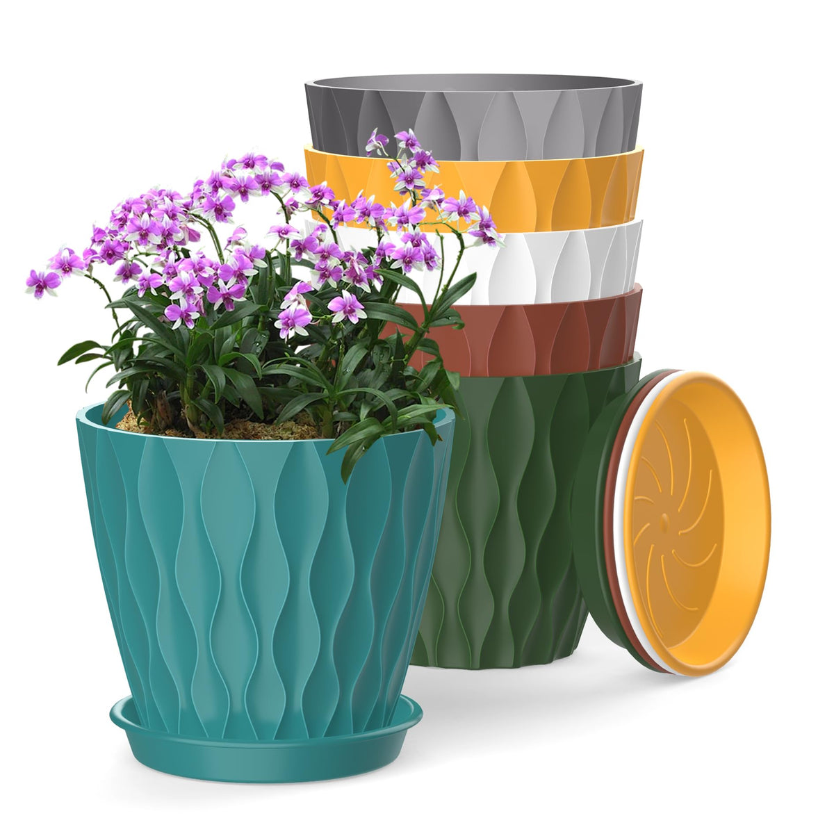 4 Inch Plant Pots, 6 Pack Indoor Flower Pots, Planters with Drainage Holes and Trays for Orchids, Violets, Succulents, Herbs, and Other Plants,White