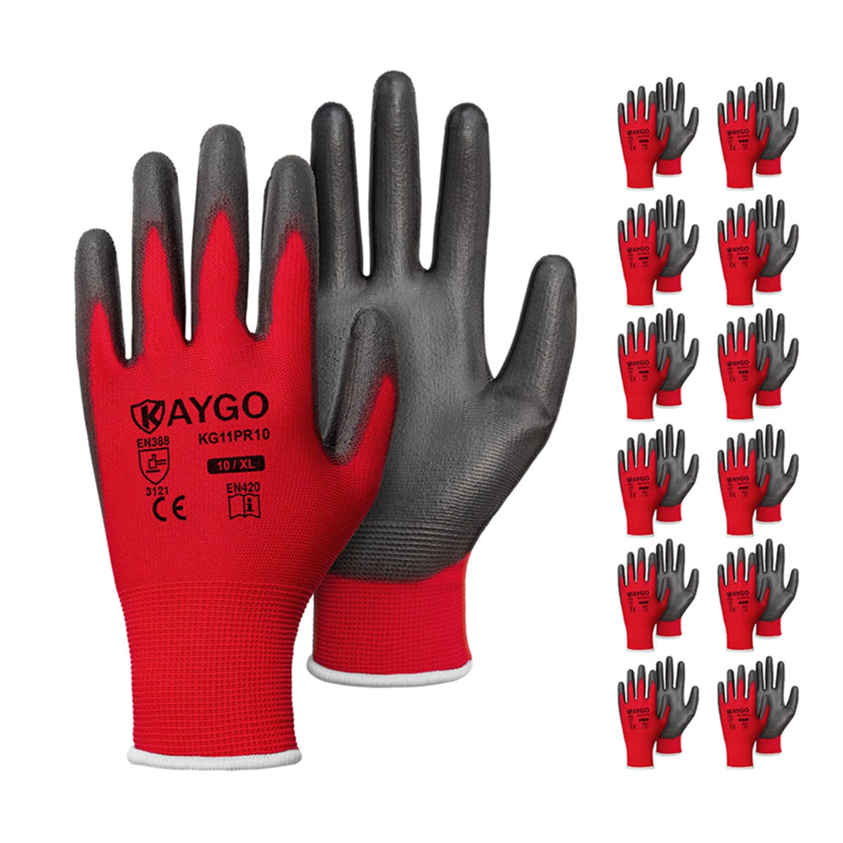 KAYGO Safety Work Gloves for Men Women, PU Coated Palm & Fingers, KG11P
