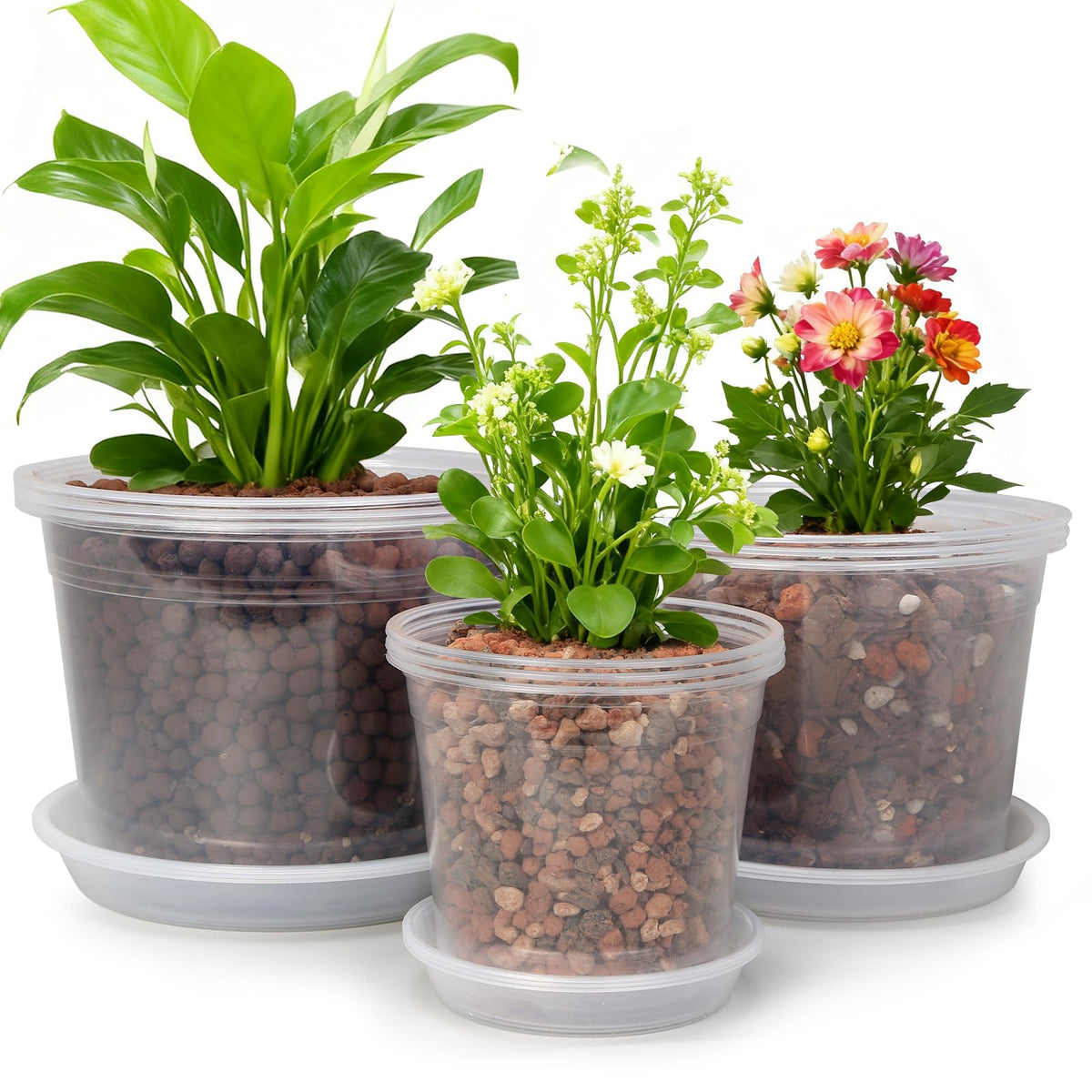 6/8/10 Inch Large Size Clear Nursery Pots with Drainage and Saucers, 9 Pack Plastic Plant Pots for Seedling Starter, Durable Plastic Pots for Indoors
