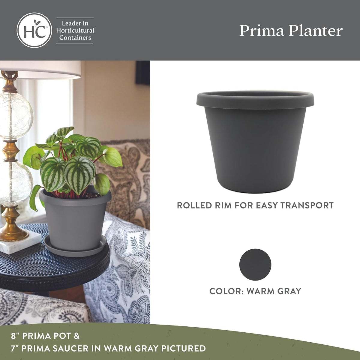 The HC Companies Prima Round Plastic Plant Pot w/Rolled Rim - Lightweight & UV Resistant Flower Pot for Herbs & More - Outdoor & Indoor Plant Pots w/Drainage (12 inch, Warm Gray, Pack of 1)