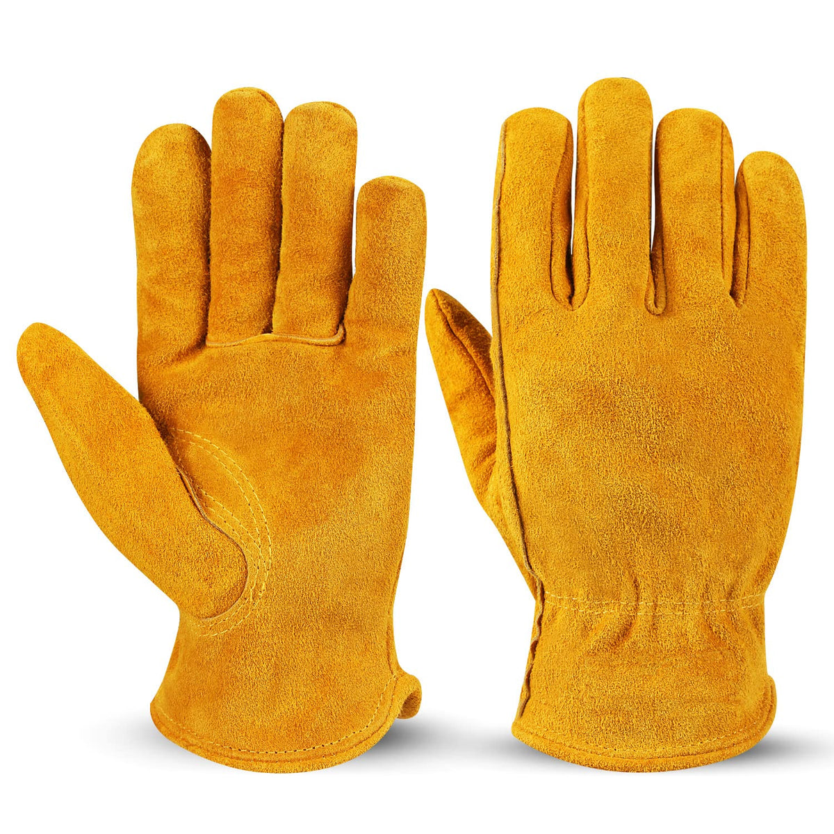 OZERO Leather Work Gloves Flex Grip Tough Cowhide Gardening Glove for Wood Cutting/Construction/Driving/Garden for Men and Women 1 Pair (Gold,Large)