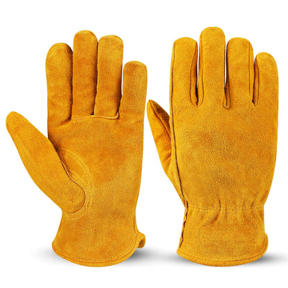 OZERO Leather Work Gloves Flex Grip Tough Cowhide Gardening Glove for Wood Cutting/Construction/Driving/Garden for Men and Women 1 Pair (Gold,Large)
