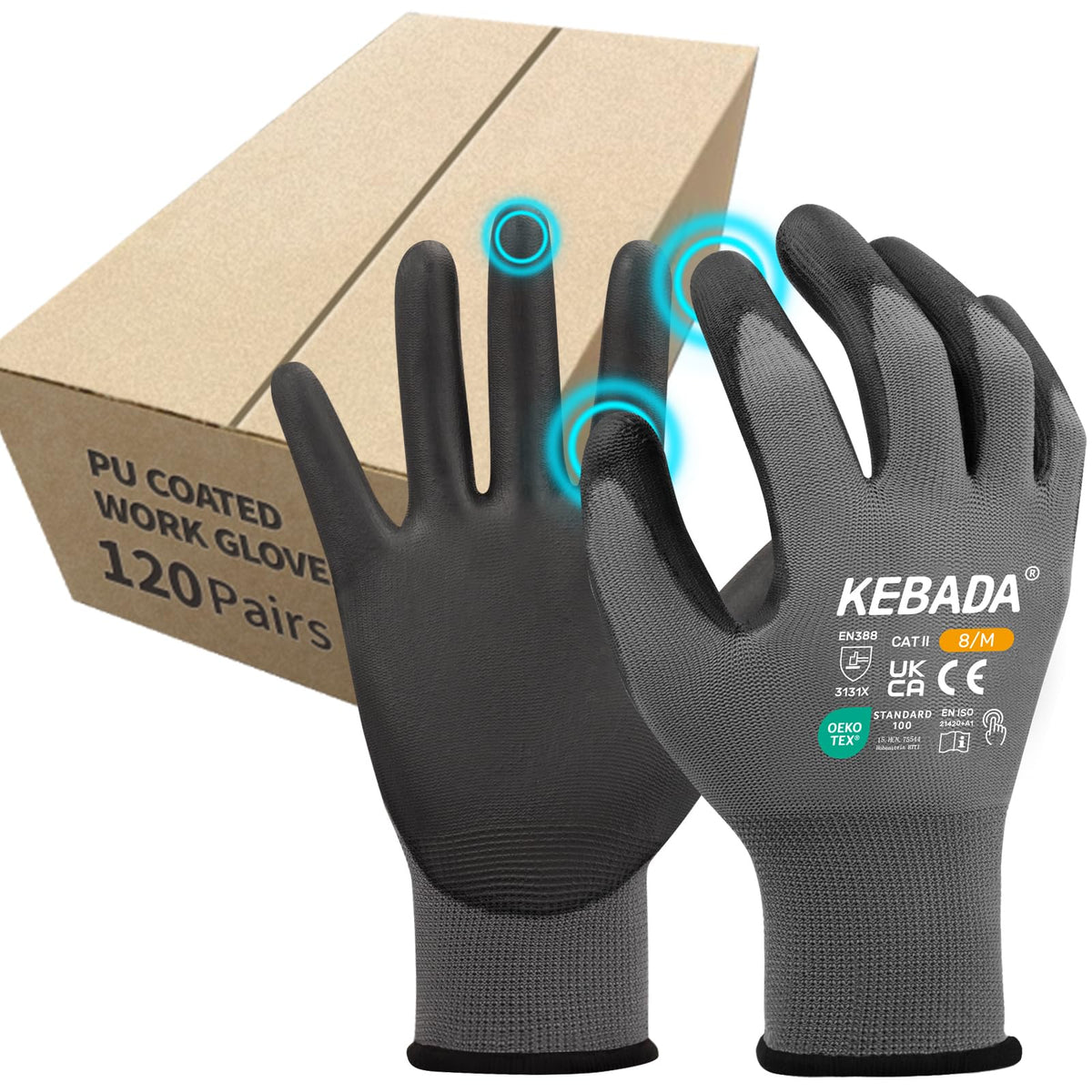 Kebada W1 Safety Work Gloves for Men & Women, Touchscreen, PU Coated