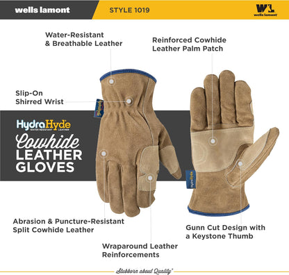 Wells Lamont Men's HydraHyde Leather Work Gloves, Water-Resistant, Large